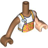 Minidoll Torso Girl with Bright Light Orange Apron, ID Tag, Coral Hearts, White Shirt, Medium Nougat Vitiligo Patches on Left Arm Print, Light Nougat Left Arm and Hand, Medium Nougat Right Arm and Hand