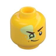 Minifig Head Mateo, Bright Light Yellow Spot over Eye, Reddish Brown Eyebrows, Lime Eye, Smirk / Open Mouth Grin Print