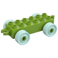 Duplo Car Base 2 x 6 with Fake Bolts, Open Hitch End and Light Aqua Wheels
