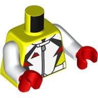 Torso, White Racing Suit, Black Decorations, Red Mountains Logo, Zipper Print, White Arms, Red Hands