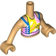Minidoll Torso Girl with Bright Light Orange/White/Bright Pink/Blue Shirt, Dark Blue Trim Print, Warm Tan Arms and Hands