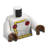 Torso Jumpsuit, Yellow Belt, Red Circles with Black X Print, White Arms, Reddish Brown Hands