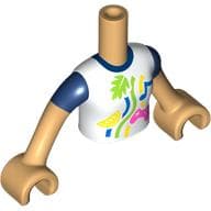 Minidoll Torso Girl, with White Shirt, Dark Blue Sleeves, Decorations Print, Warm Tan Arms and Hands