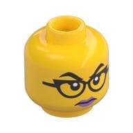 Minifig Head, Raised Black Eyebrows, Black Glasses, Lavender Lips, Angry Stare/Smirk