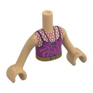 Minidoll Torso Girl with Magenta Dress, Bright Pink Swirls, Dark Blue Straps, Necklace, Gold Belt Print, Warm Tan Arms and Hands