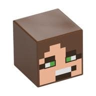 Minifig Head Special, Cube with Pixelated Light Nougat and Dark Brown Face, Bright Green Eyes Print