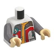 Torso, Jacket, Zipper, Light Bluish Grey and Red Shapes, Dark Turquoise Circle with White '3', Bright Light Orange Shirt Print, Flat Silver Arms, Tan Hands