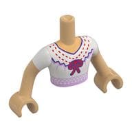 Minidoll Torso Man with White Dress, Dark Purple/Bright Pink/Red Decorations, Red Bow Print, Warm Tan Arms and Hands