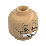 Minifig Head Geppetto, Dark Bluish Grey Eyebrows, Thick White Moustache, Black Glasses, Smile/Concerned