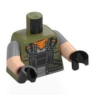 Torso, Dual Molded Arms, Jacket, Light Bluish grey Shirt, Black Straps/Harness, Orange Handkerchief Print, Light Bluish Gray Sleeves Pattern, Light Nougat Arms, Black Hands
