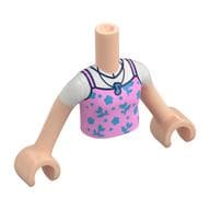 Minidoll Torso Girl with Bright Pink Top, Medium Blue Flowers, Music Note Pendant, White Shirt Print, Light Nougat Arms and Hands