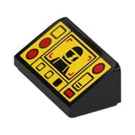 Brick Sloped 30° 1 x 2 x 2/3 with Yellow Control Panel, Black Minifig, Red Buttons Print