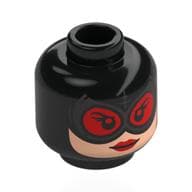 Minifig Head Catwoman, Light Nougat Face, Silver Goggles with Red Glasses, Red Lips, Stitches on Back