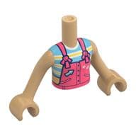 Minidoll Torso Girl with Coral Overall, Arrow, Bright Light Blue/Yellow Striped Shirt Print, Warm Tan Arms and Hands