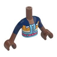Minidoll Torso Girl with Dark Blue/Bright Light Orange Jacket, Bright Light Blue Dress, Coral Belt, Zipper Print, Medium Brown Arms and Hands