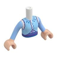 Minidoll Torso Girl with Medium Azure Top, Blue Necklace, Buttons, White Fur, Dark Purple Trim, Blue Skirt Print, Bright Light Blue Arms, Nougat Hands