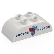 Duplo Brick 2 x 4 Curved Top with 'DOCTOR NUDSON;, Red/Blue Serpents around Wrench Print