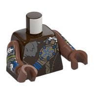 Torso, Hide Tunic, Dark Bluish Grey Fur, Dark Tan/Blue Straps with Blue Decorations, Arm Print, Medium Brown Arms and Hands