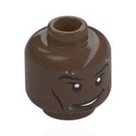 Minifig Head Hobie Brown, Eyebrows, Silver Piercings, Lopsided Smile / Raised Eyebrow