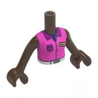 Minidoll Torso Girl with Dark Pink Shirt, White Belt, Magenta Collar, Pocket, Gold ID Badge Print, Umber Brown Arms and Hands