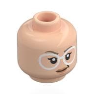 Minifig Head Stephanie "Stef" Steinbrenner, White Glasses, Dark Tan Eyebrows, Smirk / Bright Pink Bubble Gum