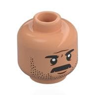 Minifig Head Reuben Delgado, Black Eyebrows, Moustache, Stubbled Beard, Stern/Scared