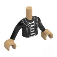 Minidoll Torso Girl with Black Jacket, Hood, Laces, White/Black Striped Shirt Print, Warm Tan Arms and Hands