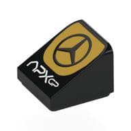Brick Sloped 30° 1 x 1 x 2/3 with Mercedes Logo on Orange Circle, White 'APX GP' Print