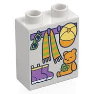 Duplo Brick 1 x 2 x 2 with Hooks with Scarf and Hat, Shoes, and Teddy Bear Print