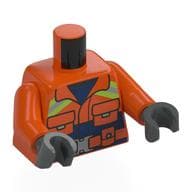Torso, Jacket, Neon Green/Silver Safety Stripes, Dark Blue Shirt Print, Reddish Orange Arms, Dark Bluish Gray Hands