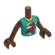 Minidoll Torso Boy with Dark Turquoise Shirt, Orange Collar, Motorcycle Print, Reddish Brown Arms and Hands
