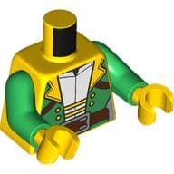 Torso, Green Jacket, Yellow Collar, Buttons, Laces, Reddish Brown Belts, Silver Buckle, White Shirt Print, Green Arms, Yellow Hands