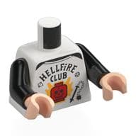 Torso, Black 'HELLFIRE CLUB', Red Minifig Head, Orange Flames Print, Black Arms, Light Nougat Hands