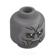 Minifig Head Doctor Doom, Metal Plating, Black Lined, Ribbits, Medium Brown Around Eyes