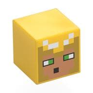 Minifig Head Special, Cube with Pixelated Nougat Face, Gold Hood, Bright Green Eyes Print