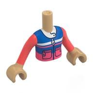 Minidoll Torso Girl with Blue/Coral Jacket, Zipper, Pockets, White Collar Print, Warm Tan Arms and Hands