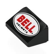 Brick Sloped 30° 1 x 2 x 2/3 with Red 'BELL', Black 'HELMETS' in Black Oval, White Field Print