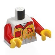 Torso, Pizza Uniform, Red Collar, Pocket, Bright Light Orange Cheese, Lime Stripes Print, Red Arms, Yellow Hands