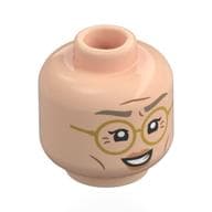 Minifig Head Dr. Kureha, Dark Tan Eyebrows, Peach Lips, Wrinkles, Open Mouth, Gold Glasses / Frown