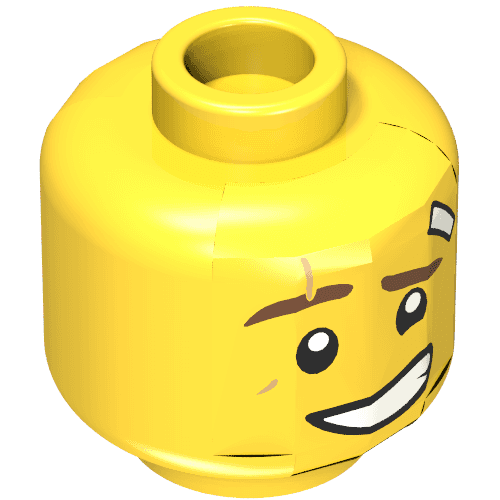 Minifig Head Kai, Reddish Brown Eyebrows, Medium Nougat Scar, Bandage, Lopsided Grin with Teeth / Determined Print