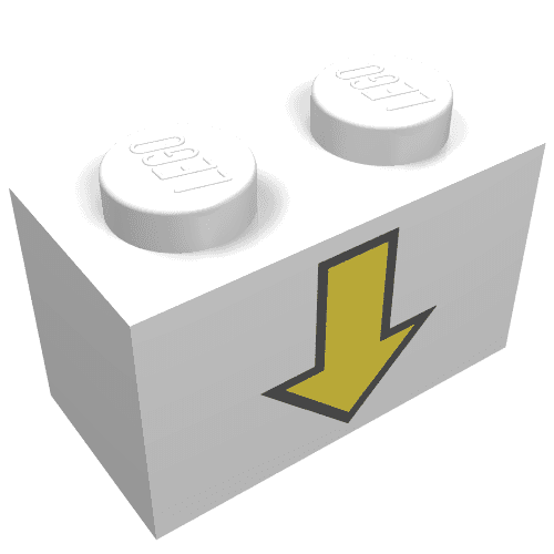 Brick 1 x 2 with Yellow Down Arrow and Black Border Print em Branco