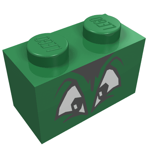 Brick 1 x 2 with Black and White Squinting Eyes and Hair Print em Verde