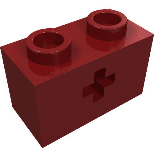 Technic Brick 1 x 2 with Axle Hole Type 1 [+ Opening] and Bottom Ridges em Vermelho escuro