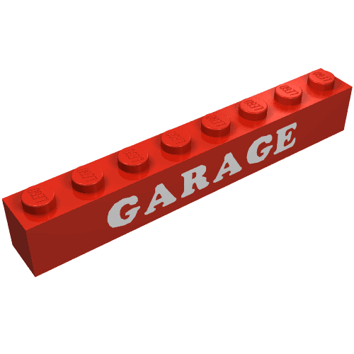 Brick 1 x 8 with 3 Lowered Cross Supports with 'GARAGE' White Print em Vermelho