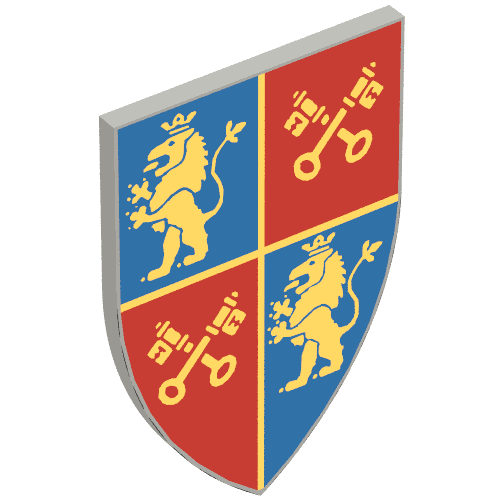 Shield Triangular Long with Gold Lion and Crossed Keys on Red and Blue Field Print em Cinza azulado claro