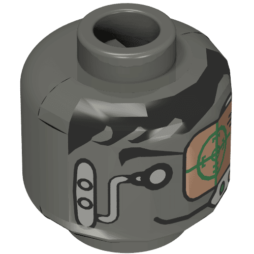 Minifig Head Insectoid, Black Hair, Headset, Green and Copper Eye Grid Print