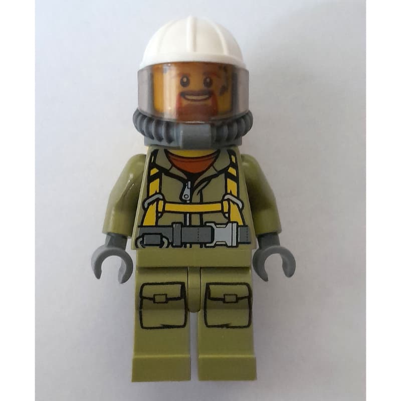Volcano Explorer, Man, Olive Green Jumpsuit with Straps, White Hard Hat with Visor, Breathing Apparatus, Airtanks, Goatee Beard