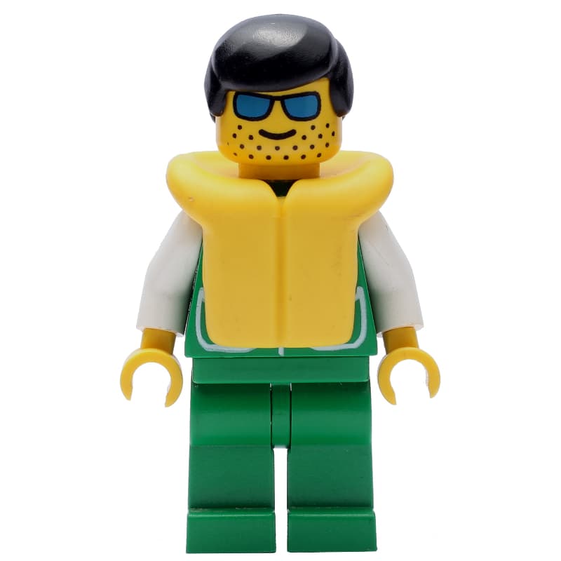 Man, Green Jacket, Green Legs, Black Hair, Yellow Life Vest, Sunglasses