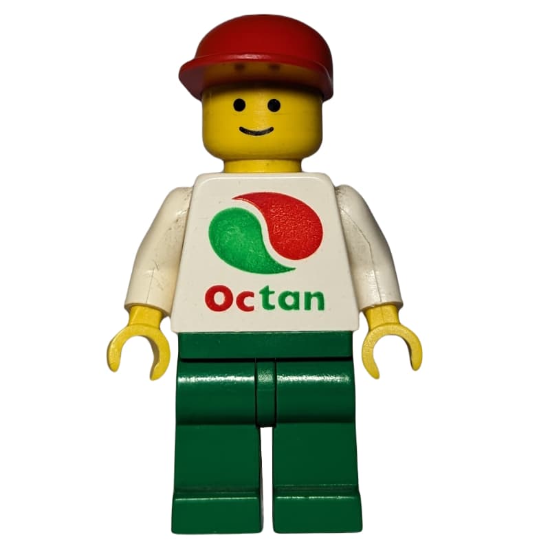 Man, White Top with Large Octan Logo, Green Legs, Red Cap