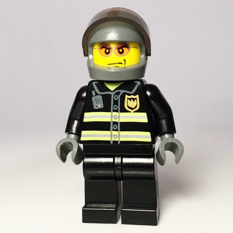 Fireman, Black Fire Jacket with Reflective Stripes, Radio, and Badge, Dark Bluish Gray Helmet with Visor, Orange Sunglasses